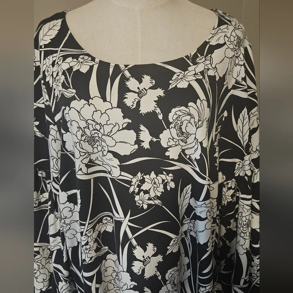 NWT Bryn Walker Floral Print Round Neck Long Sleeve Lantern Dress:Black/White:XL - Picture 3 of 16
